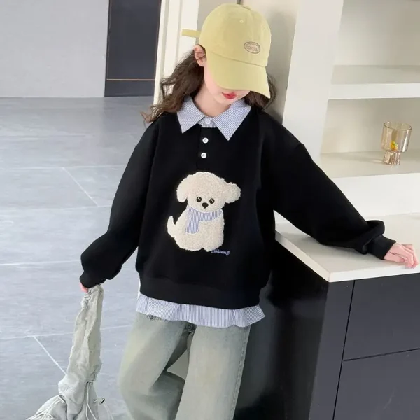 Sweatshirt Girls’ 2025 New Faux Two-Piece Polo Hoodie Spring/Autumn Kids Medium-Large Loose Fit Cartoon Puppy Top