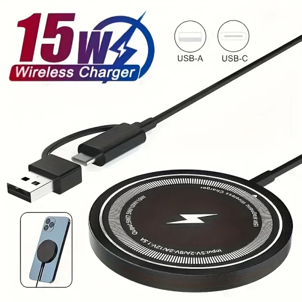Original Wireless Charger 15W Fast Charging 2 in 1 USB-C + USB-A Port for cell phone