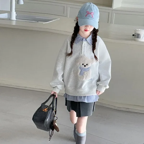 Sweatshirt Girls’ 2025 New Faux Two-Piece Polo Hoodie Spring/Autumn Kids Medium-Large Loose Fit Cartoon Puppy Top